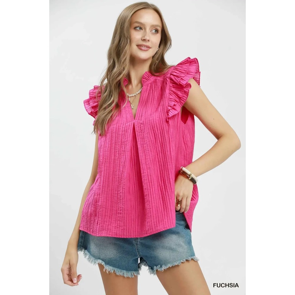 Umgee Textured Ruffle Sleeve Split V Neck‎ Top - Medium